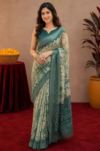 off white lilen print work 1 minute ready to wear saree with unstitched blouse piece