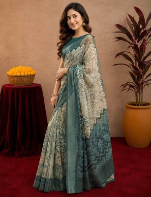 off white lilen print work 1 minute ready to wear saree with unstitched blouse piece 3