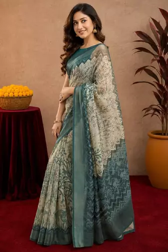 off white lilen print work 1 minute ready to wear saree with unstitched blouse piece