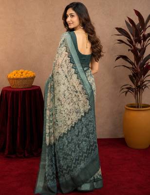 off white lilen print work 1 minute ready to wear saree with unstitched blouse piece 4