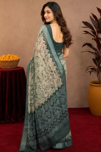 off white lilen print work 1 minute ready to wear saree with unstitched blouse piece
