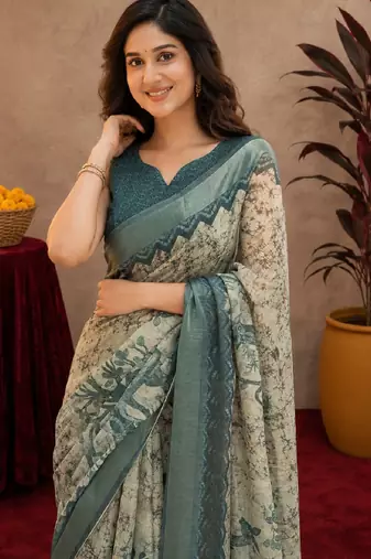 off white lilen print work 1 minute ready to wear saree with unstitched blouse piece