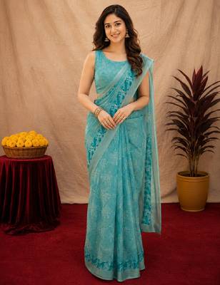 sky blue lilen print work 1 minute ready to wear saree with unstitched blouse piece 1