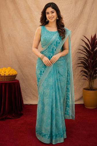 sky blue lilen print work 1 minute ready to wear saree with unstitched blouse piece