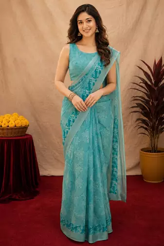 sky blue lilen print work 1 minute ready to wear saree with unstitched blouse piece
