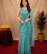 sky blue lilen print work 1 minute ready to wear saree with unstitched blouse piece