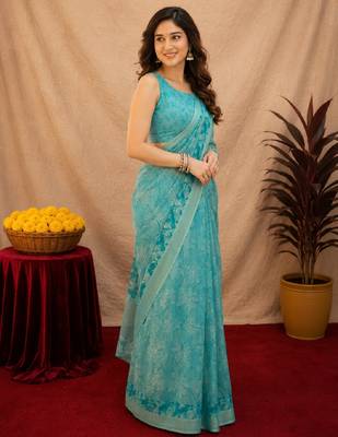 sky blue lilen print work 1 minute ready to wear saree with unstitched blouse piece 2