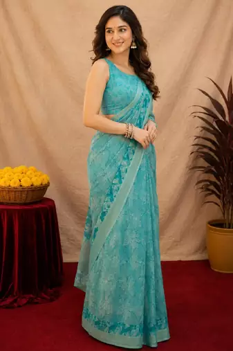 sky blue lilen print work 1 minute ready to wear saree with unstitched blouse piece