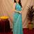 sky blue lilen print work 1 minute ready to wear saree with unstitched blouse piece