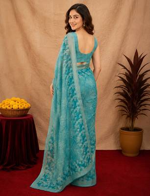 sky blue lilen print work 1 minute ready to wear saree with unstitched blouse piece 3