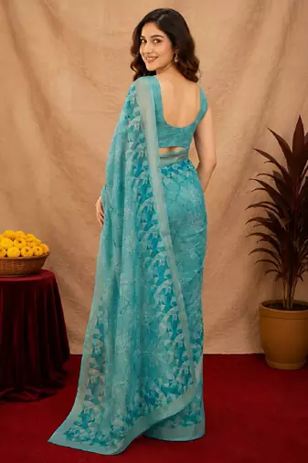 sky blue lilen print work 1 minute ready to wear saree with unstitched blouse piece