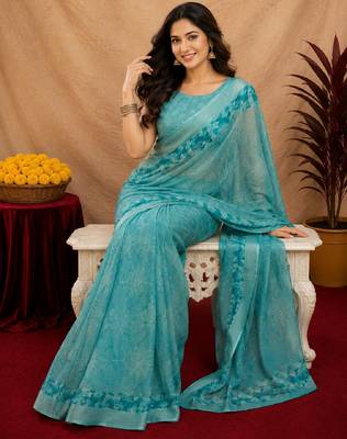 sky blue lilen print work 1 minute ready to wear saree with unstitched blouse piece 4