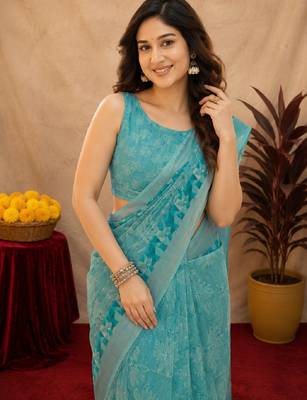 sky blue lilen print work 1 minute ready to wear saree with unstitched blouse piece 5