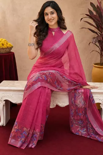 rani pink lilen print work 1 minute ready to wear saree with unstitched blouse piece