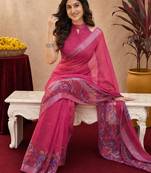 rani pink lilen print work 1 minute ready to wear saree with unstitched blouse piece