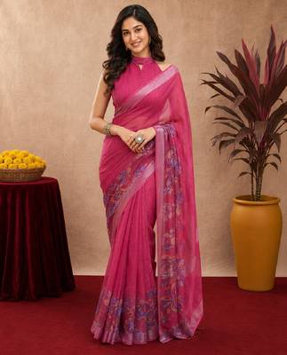 rani pink lilen print work 1 minute ready to wear saree with unstitched blouse piece 2