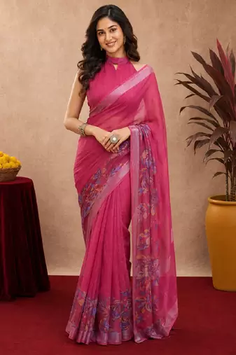 rani pink lilen print work 1 minute ready to wear saree with unstitched blouse piece