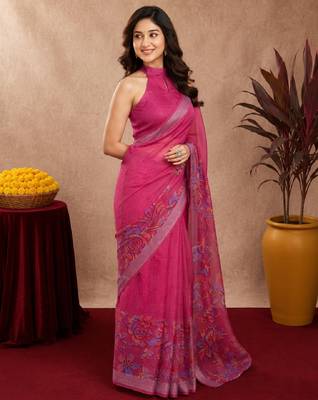 rani pink lilen print work 1 minute ready to wear saree with unstitched blouse piece 3