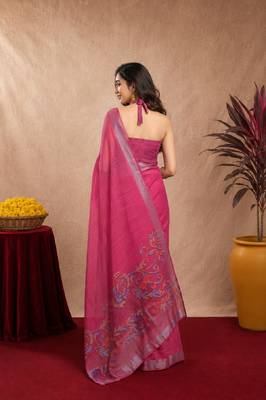 rani pink lilen print work 1 minute ready to wear saree with unstitched blouse piece 4