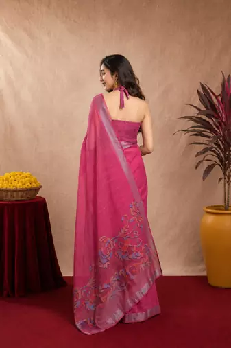 rani pink lilen print work 1 minute ready to wear saree with unstitched blouse piece