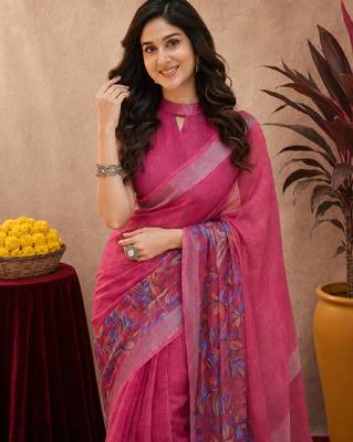 rani pink lilen print work 1 minute ready to wear saree with unstitched blouse piece 5