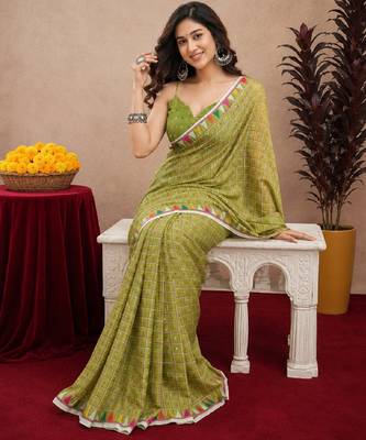 parrot lilen print work 1 minute ready to wear saree with unstitched blouse piece 1