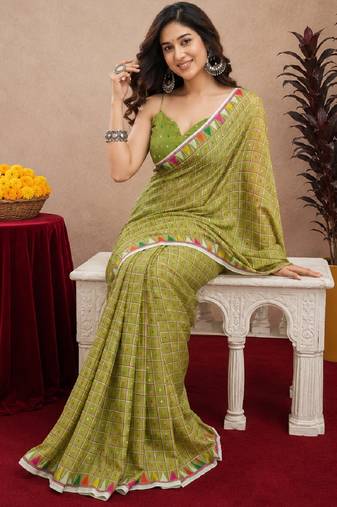 parrot lilen print work 1 minute ready to wear saree with unstitched blouse piece