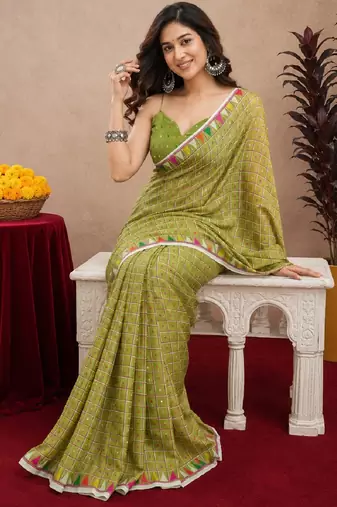 parrot lilen print work 1 minute ready to wear saree with unstitched blouse piece