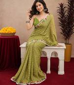 parrot lilen print work 1 minute ready to wear saree with unstitched blouse piece