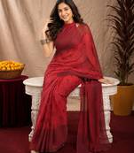 red lilen print work 1 minute ready to wear saree with unstitched blouse piece