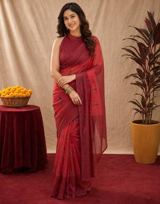 red lilen print work 1 minute ready to wear saree with unstitched blouse piece 2