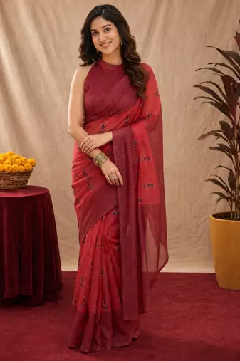 red lilen print work 1 minute ready to wear saree with unstitched blouse piece
