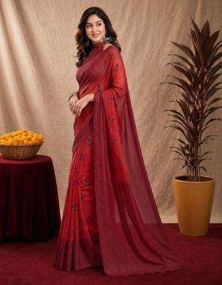 red lilen print work 1 minute ready to wear saree with unstitched blouse piece 3
