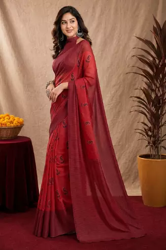 red lilen print work 1 minute ready to wear saree with unstitched blouse piece