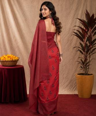 red lilen print work 1 minute ready to wear saree with unstitched blouse piece 4