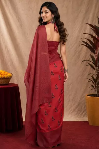red lilen print work 1 minute ready to wear saree with unstitched blouse piece