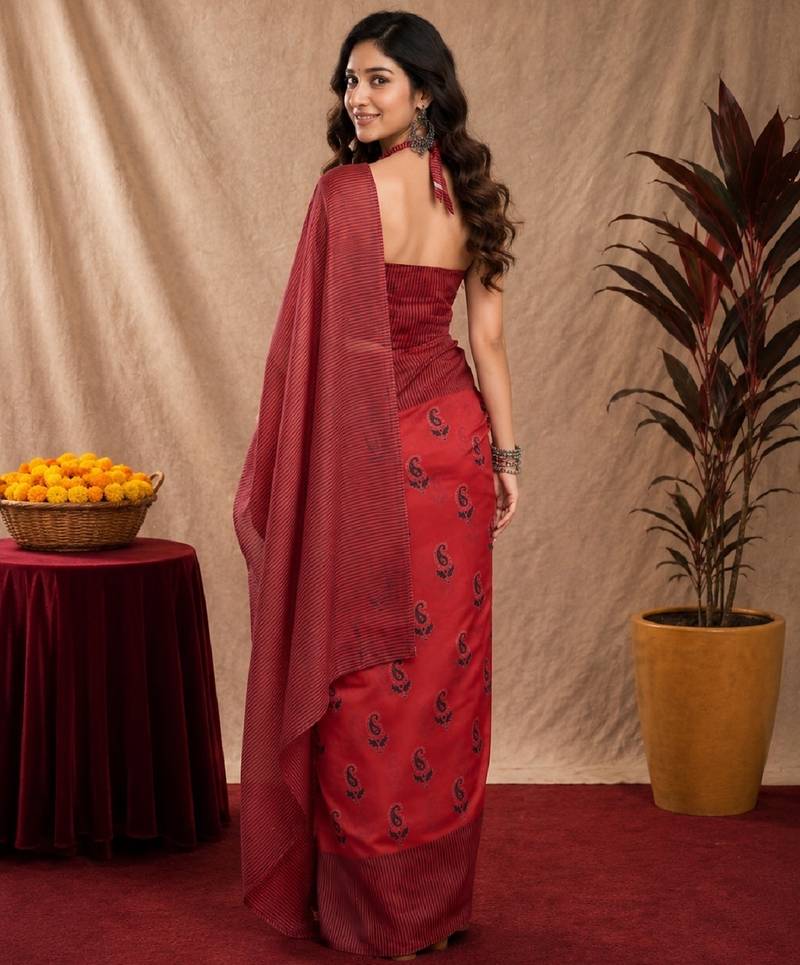 red lilen print work 1 minute ready to wear saree with unstitched blouse piece