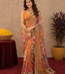 orange lilen print work 1 minute ready to wear saree with unstitched blouse piece