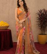 orange lilen print work 1 minute ready to wear saree with unstitched blouse piece