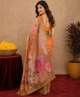 orange lilen print work 1 minute ready to wear saree with unstitched blouse piece 2