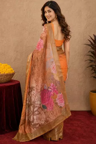 orange lilen print work 1 minute ready to wear saree with unstitched blouse piece