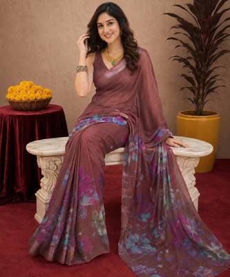 brown lilen print work 1 minute ready to wear saree with unstitched blouse piece 1