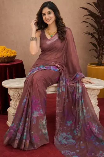 brown lilen print work 1 minute ready to wear saree with unstitched blouse piece