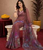 brown lilen print work 1 minute ready to wear saree with unstitched blouse piece