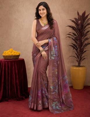 brown lilen print work 1 minute ready to wear saree with unstitched blouse piece 2