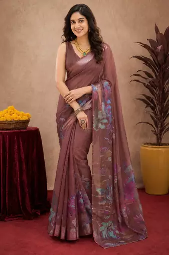 brown lilen print work 1 minute ready to wear saree with unstitched blouse piece