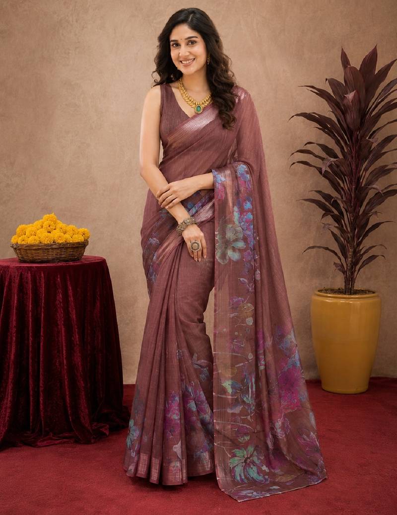 brown lilen print work 1 minute ready to wear saree with unstitched blouse piece