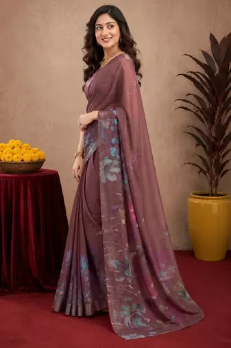 brown lilen print work 1 minute ready to wear saree with unstitched blouse piece