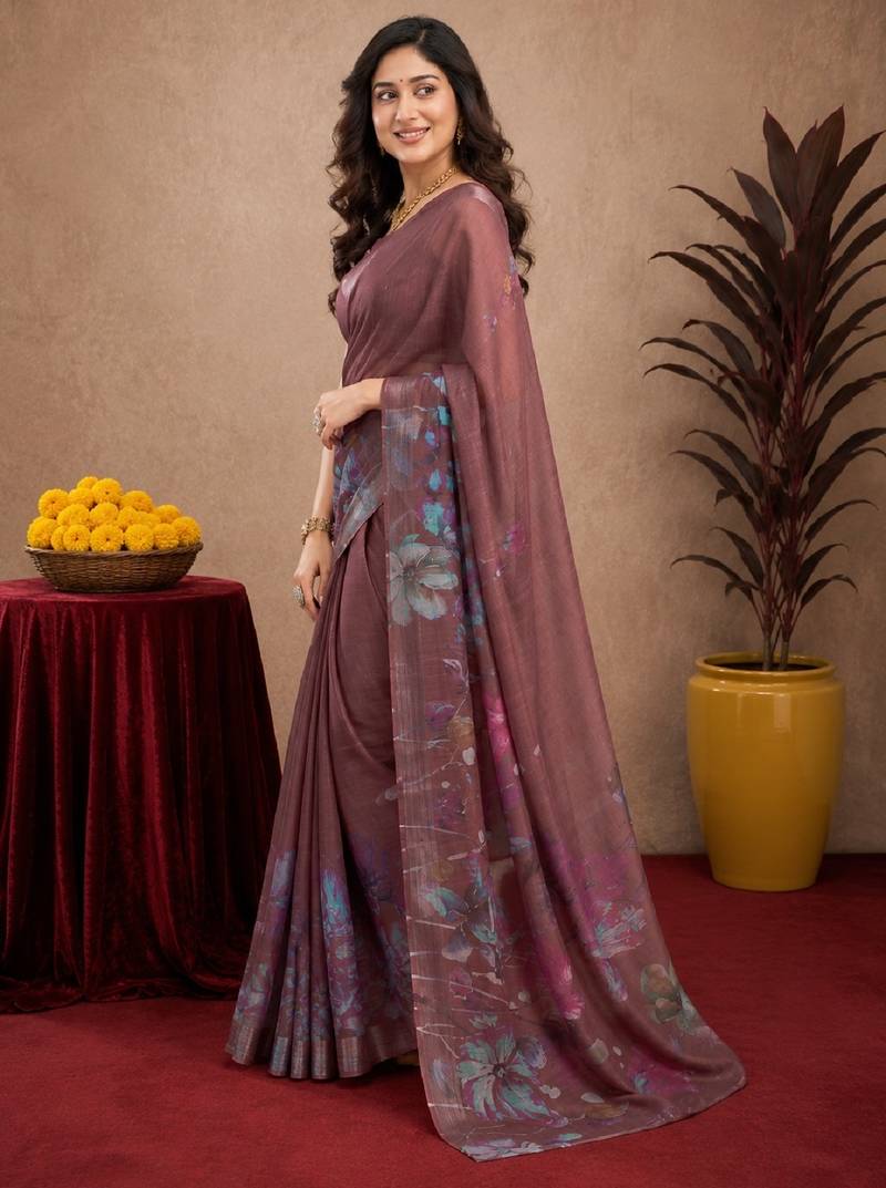 brown lilen print work 1 minute ready to wear saree with unstitched blouse piece