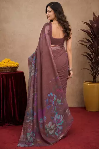 brown lilen print work 1 minute ready to wear saree with unstitched blouse piece
